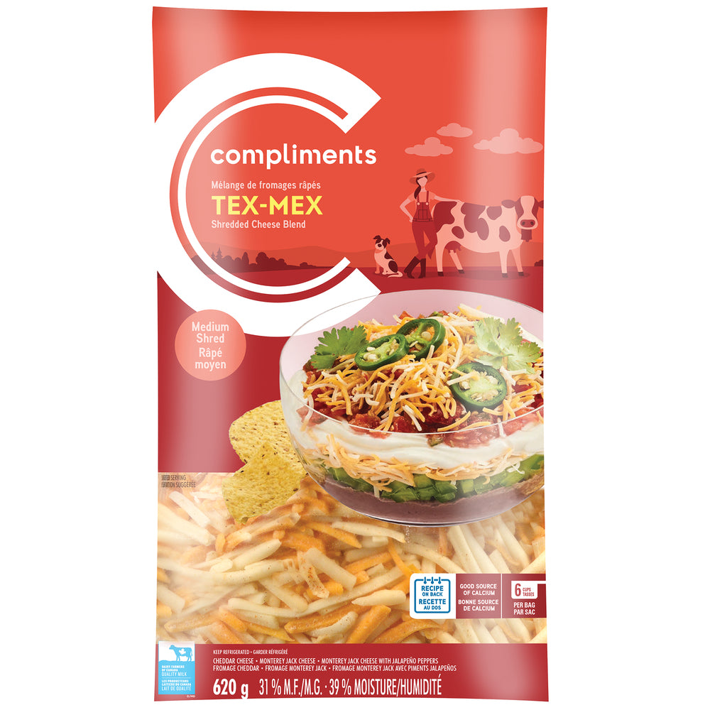COMPLIMENTS SHREDDED TEX-MEX CHEESE, 6 X 620 G