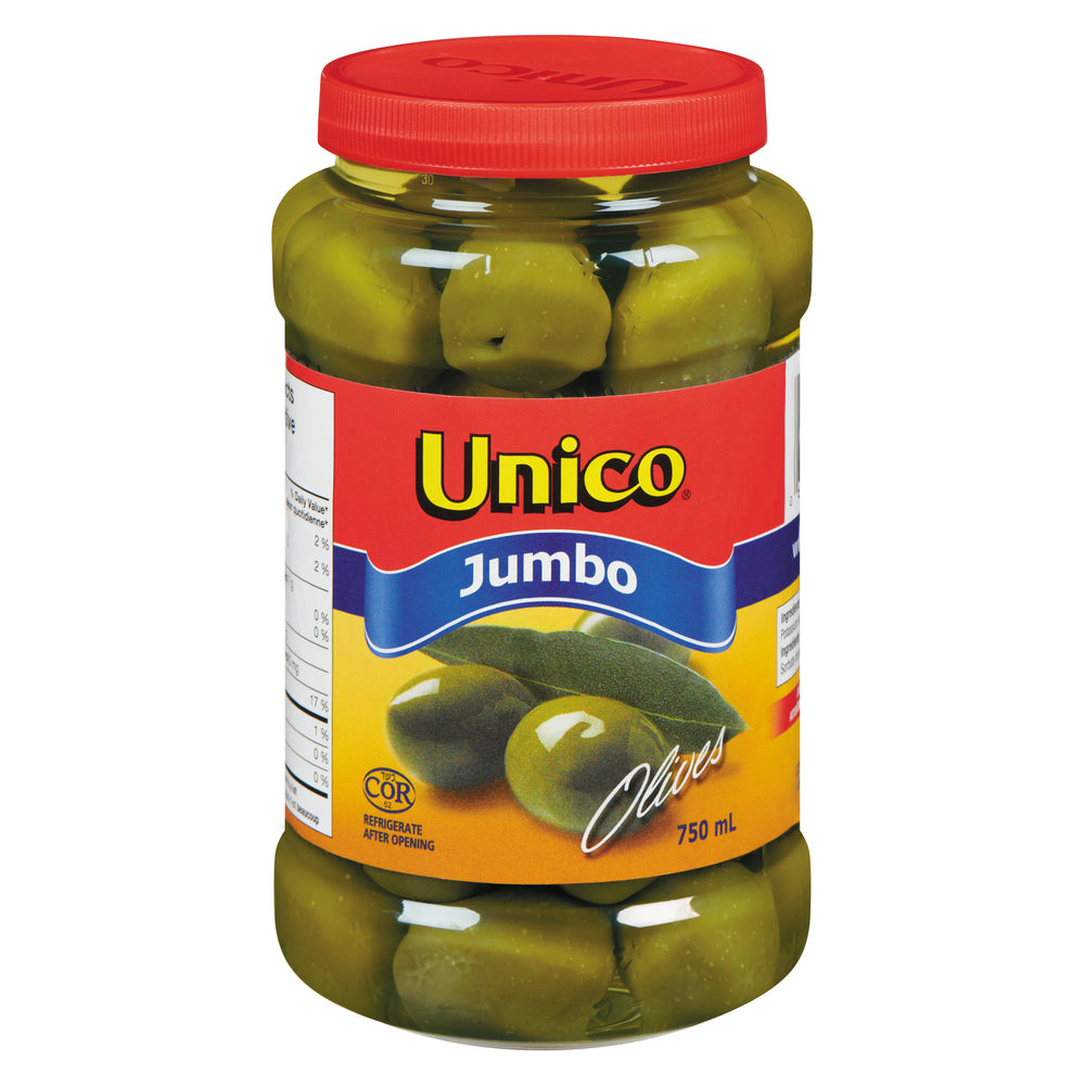 UNICO JUMBO GREEN OLIVES, 12 X 750 ML