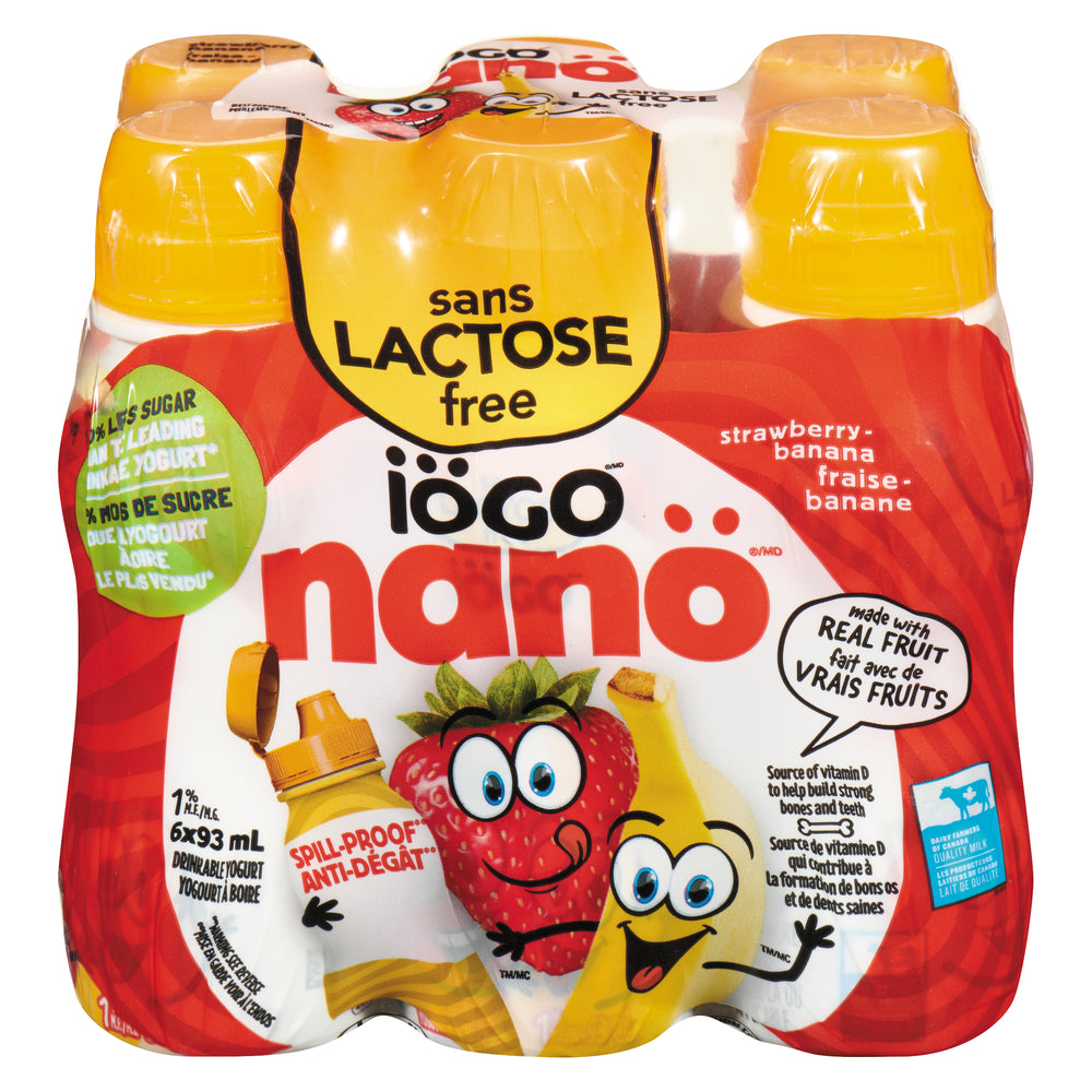 IÖGO YOGURT DRINK 1% NANO STRAWBERRY & BANANA, 4 X 6 X 93 ML