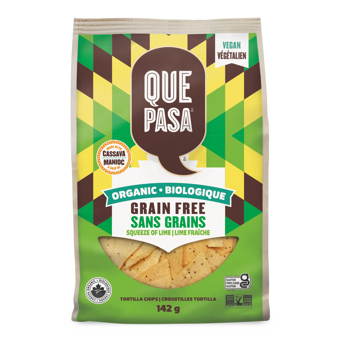 QUE PASA, ORG GRAIN FREE CHIPS SQUEEZE OF LIME, 12 x 142G