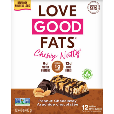 LOVE GOOD FATS, CHEWY-NUTTY PEANUT CHOCOLATEY BAR, 12 x 40G