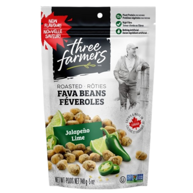 THREE FARMERS, ROASTED FAVA BEANS - JALAPENO LIME, 12 x 140G
