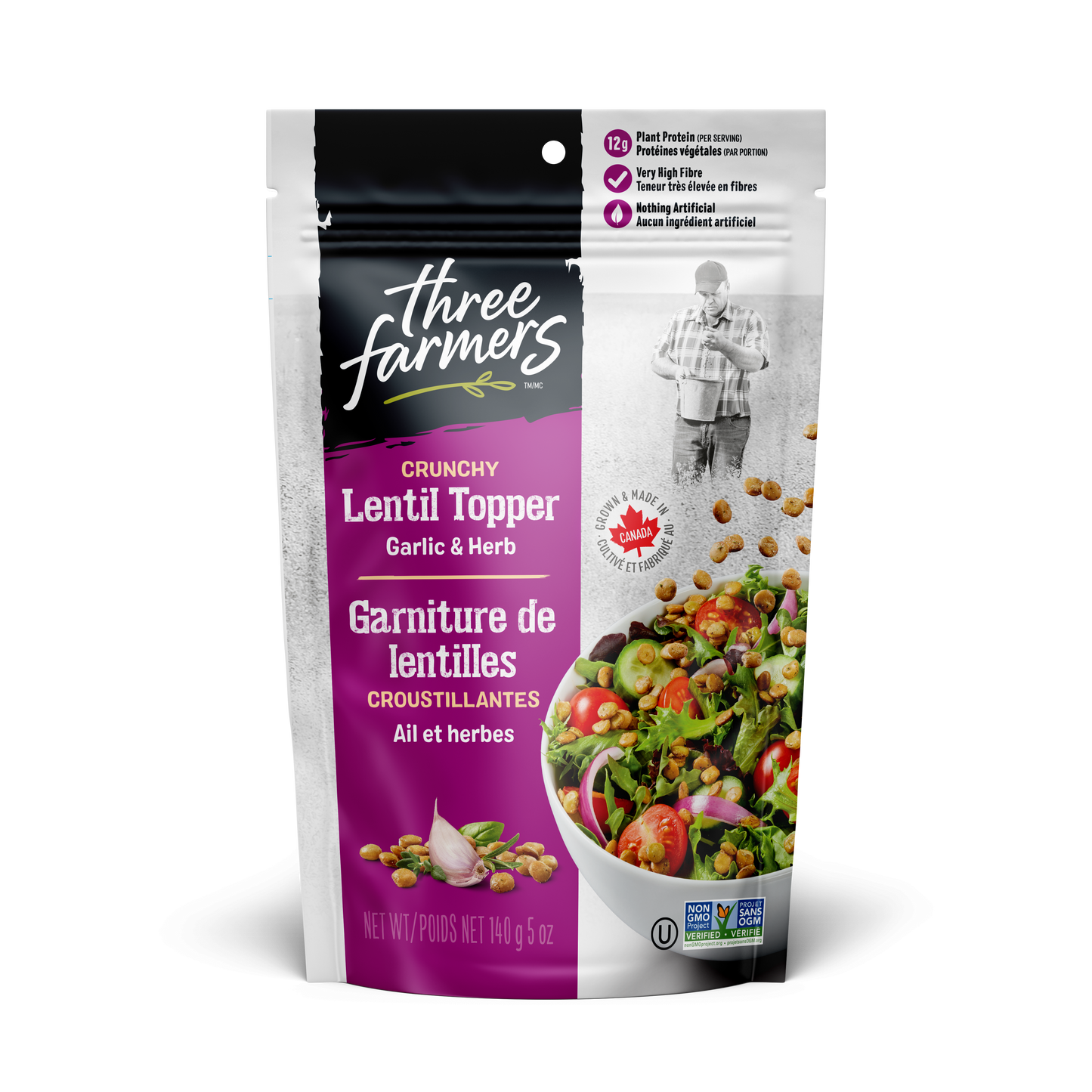 THREE FARMERS, LENTILS SALAD TOPPER GARLIC HERB, 6 x 140G