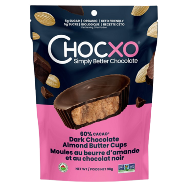 CHOCXO, 60% DK ORG ALMOND BUTTER CUP POUCH, 6 x 98G