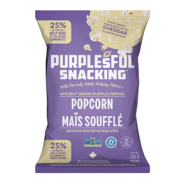 PURPLESFUL SNAC, PURPLE K -PLANT BASED CHEDDAR POPCORN, 9 x 136G