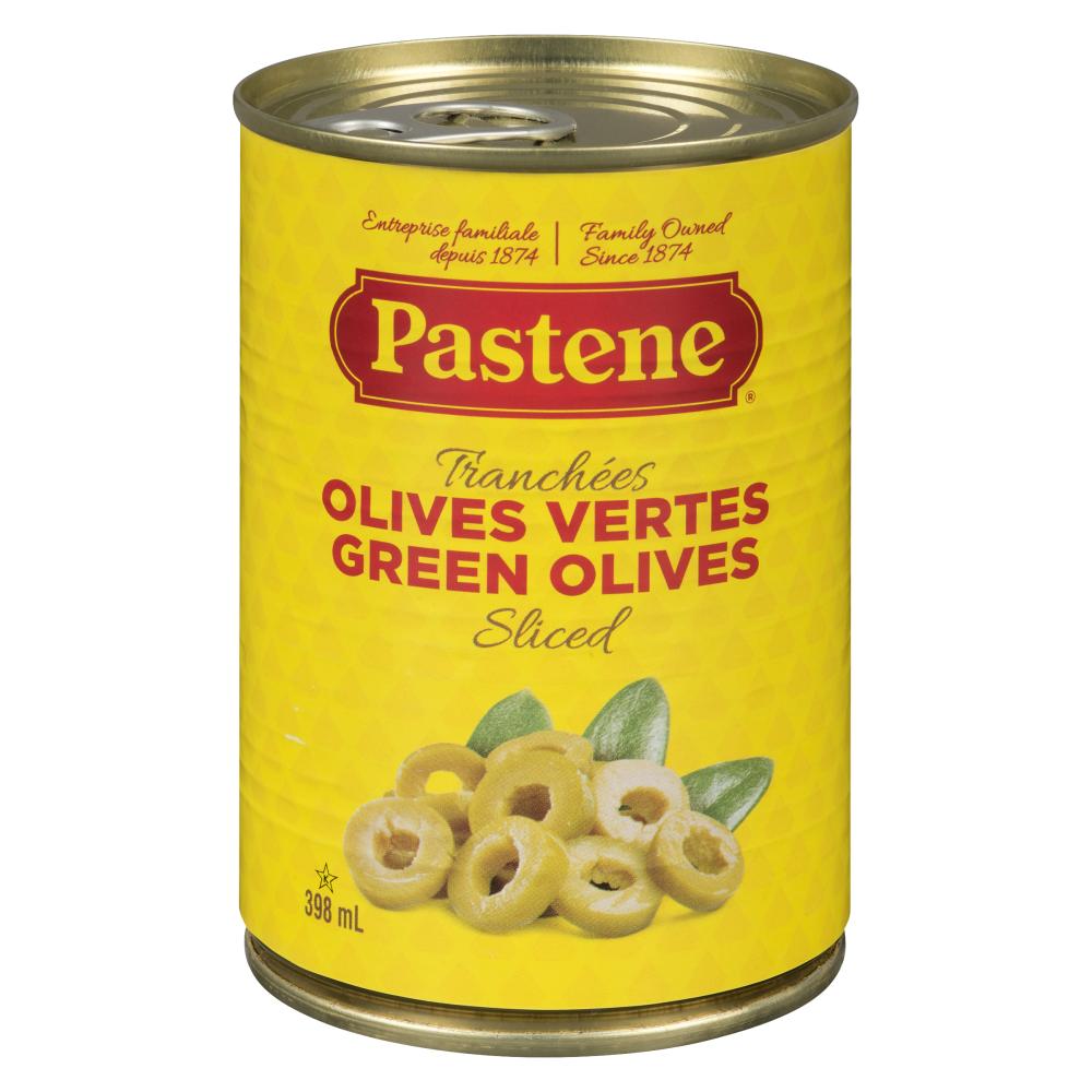 PASTENE SLICED GREEN OLIVES, 24 X 398 ML