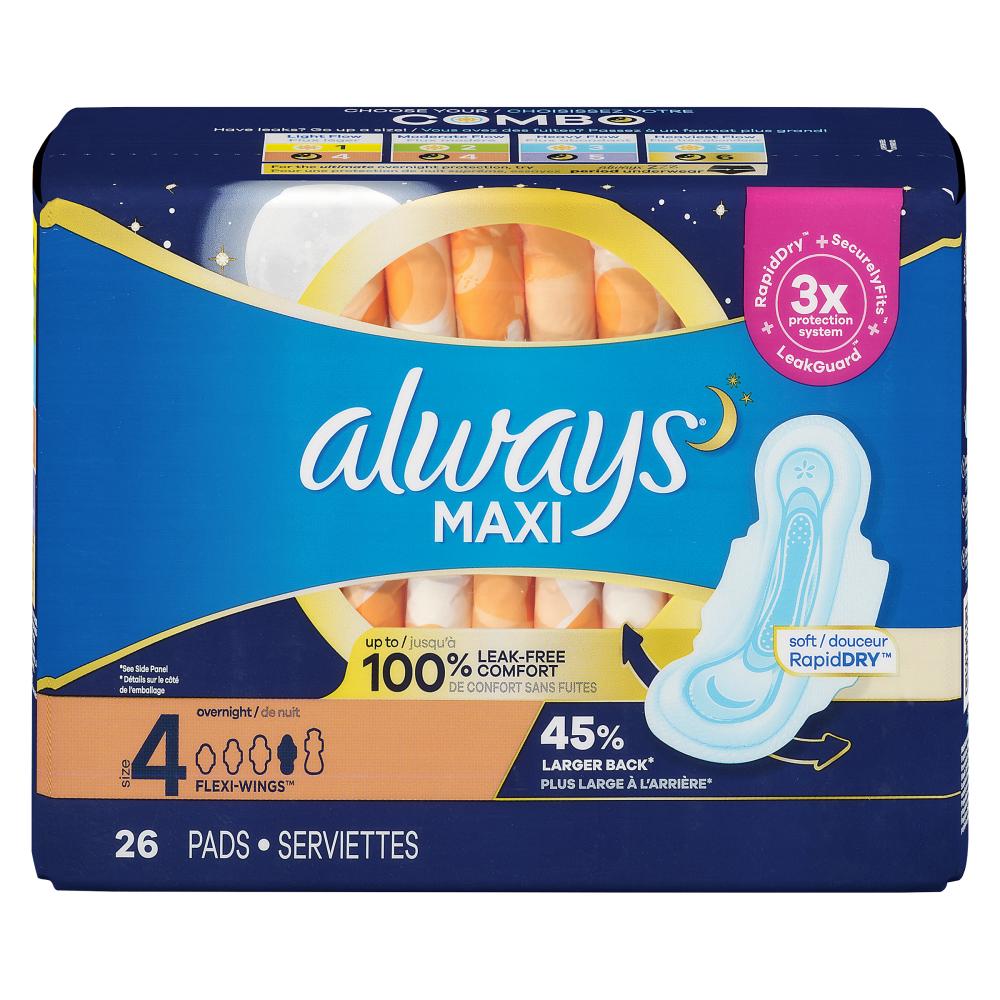 ALWAYS MAXI NIGHT PADS WITH WINGS SIZE 5, 6 X 26 UN