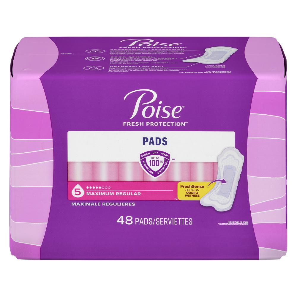 POISE MAXIMUM ABSORBENCY LONG ORDINARY PADS, 2 X 48 UN