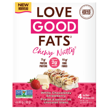 LOVE GOOD FATS, CHEWY NUTTY WHITE CHOC STRAWBERRY 4X40G, 12 x 160G