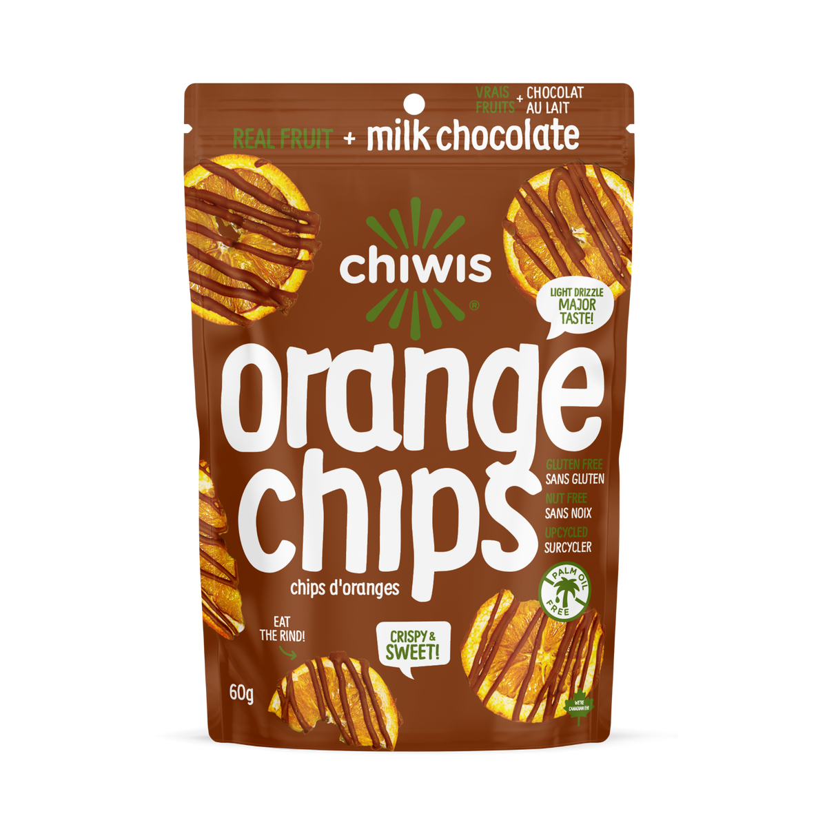 CHIWIS, MILK CHOCOLATE DRIZZLED ORANGE CHIPS, 12 x 60G
