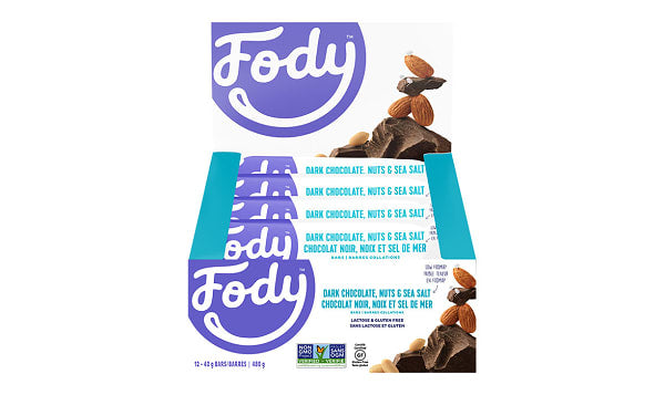 FODY FOOD CO., DARK CHOCOLATE AND SEA SALT BARS, 12 x 40G