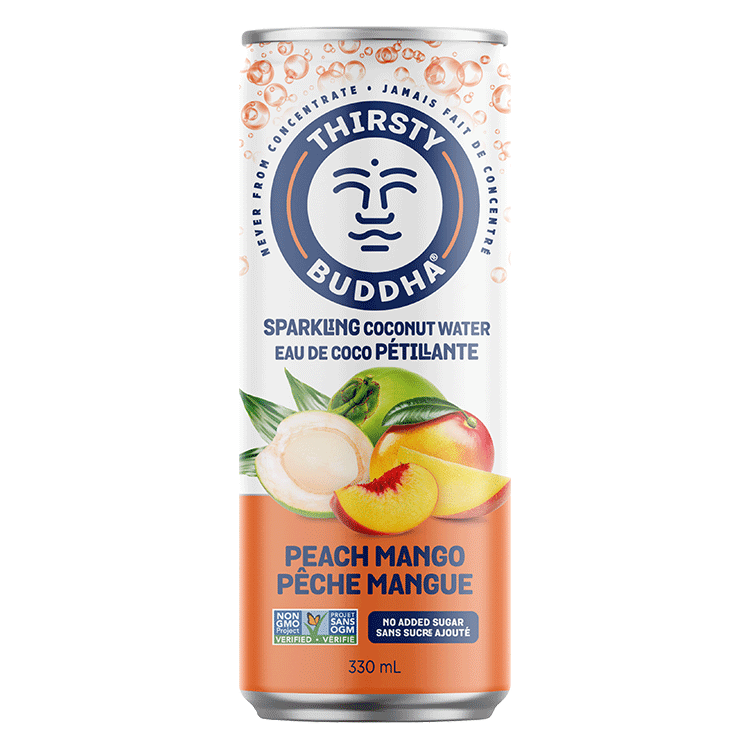 THIRSTY BUDDHA, SPARKLING COCONUT WATER PEACH MANGO, 12 x 330ML