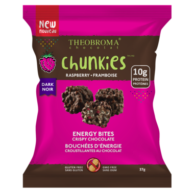 THEOBROMA CHOCO, 60% DARK CHOC AND RASPBERRY CHUNKIES, 12 x 37G