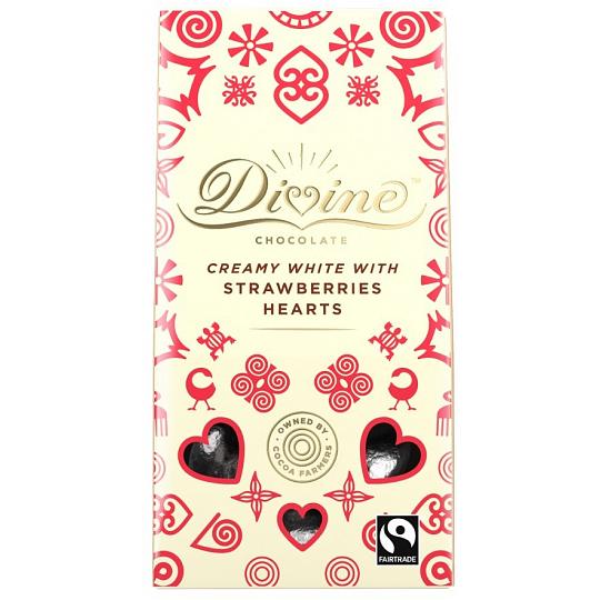 DIVINE CHOCOLAT, WHITE CHOCOLATE W STRAWBERRIES HEARTS, 12 x 80G