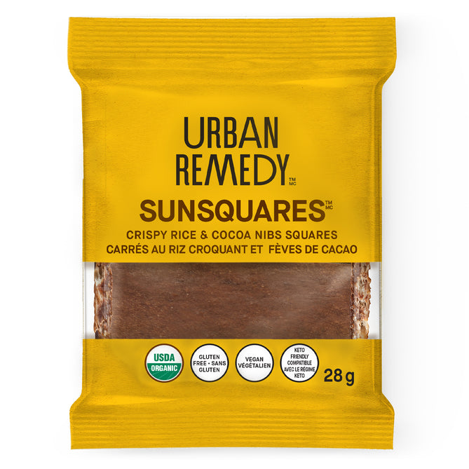 URBAN REMEDY, CRISPY RICE & COCOA NIBS SQUARES, 8 x 28G