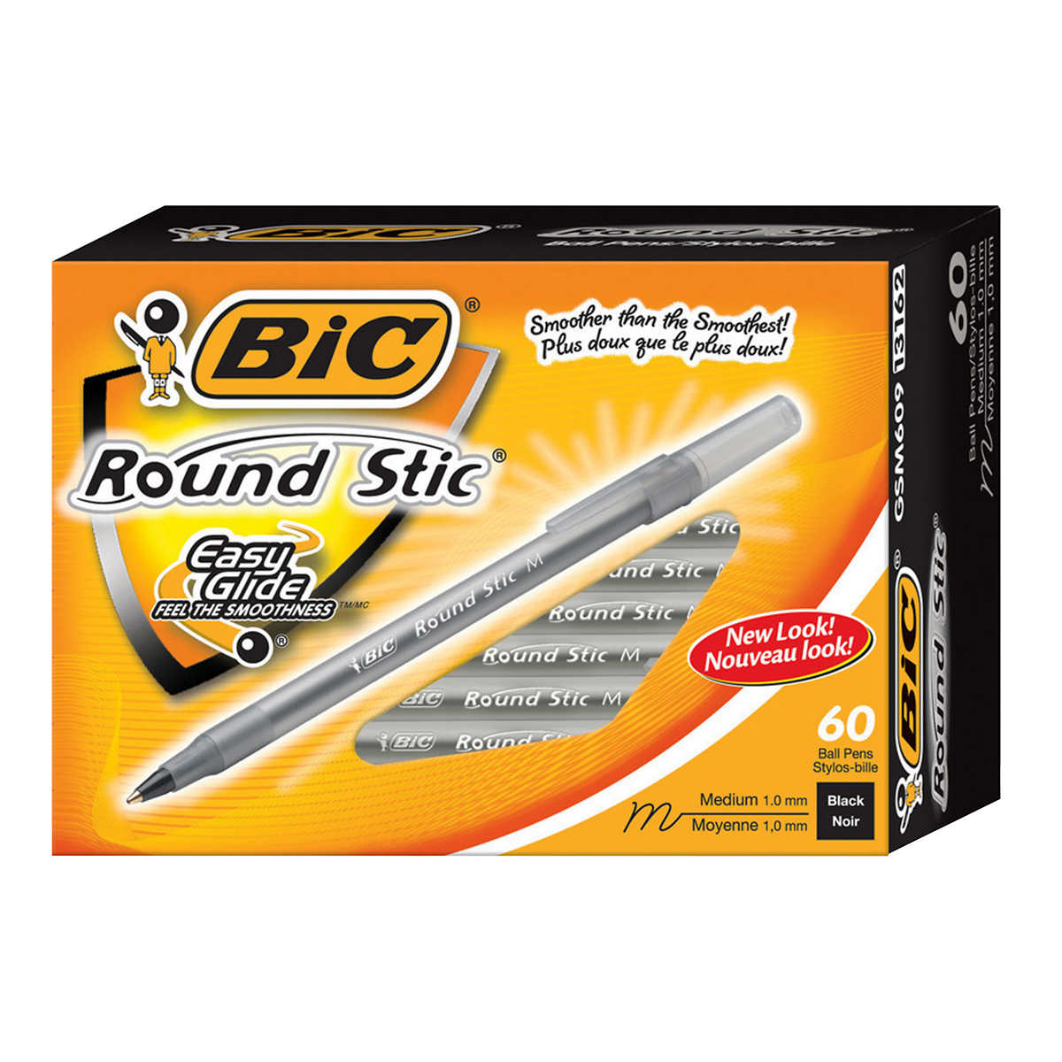 BIC, ROUND STIC 1.0 MM MEDIUM-POINT BLACK BALLPOINT PENS, 60 UNITS