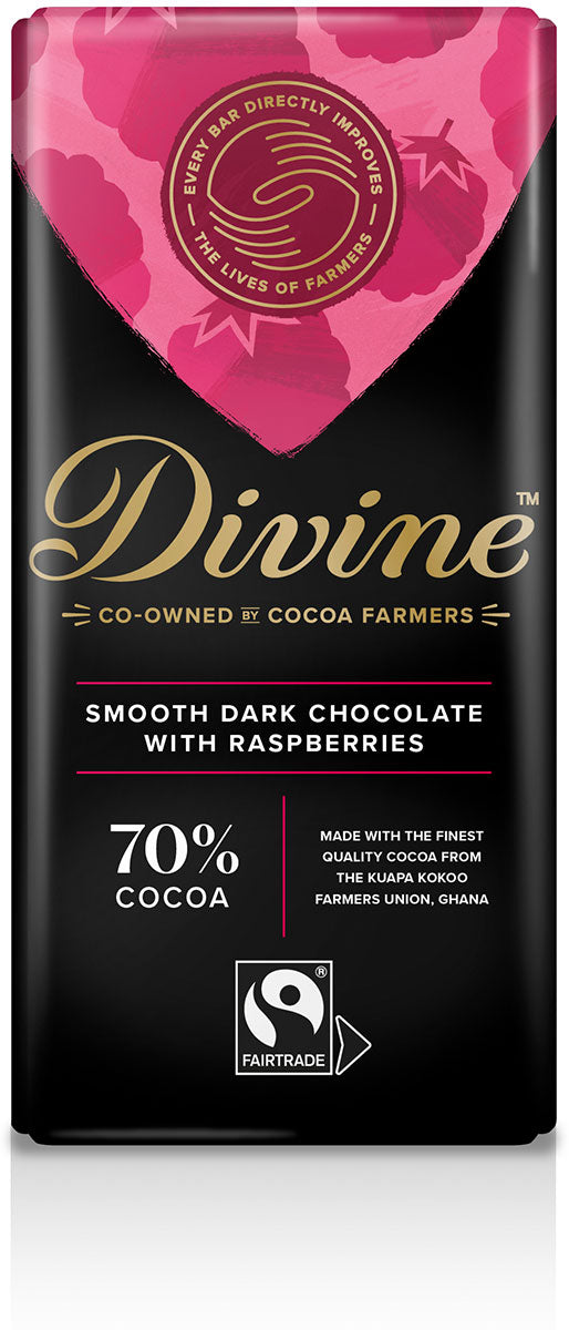 DIVINE CHOCOLAT, 70% DARK CHOCOLATE WITH RASPBERRIES, 12 x 85G