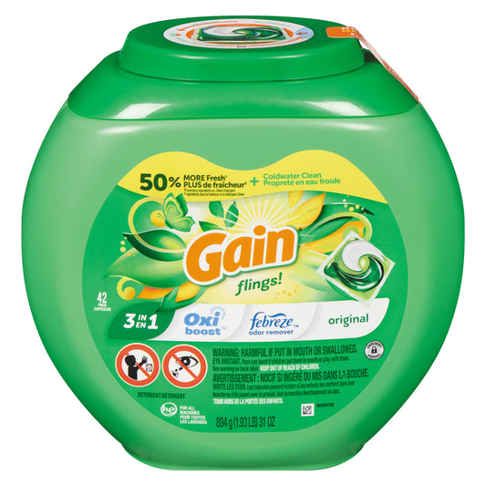 GAIN DETERGENT PODS FLINGS ORIGINAL 42 PODS, 4 X 890 G
