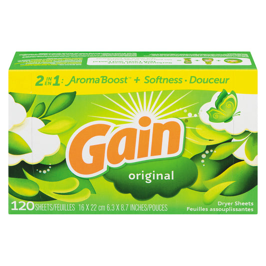 GAIN FABRIC SOFTENER SHEETS ORIGINAL, 6 X 120 UN
