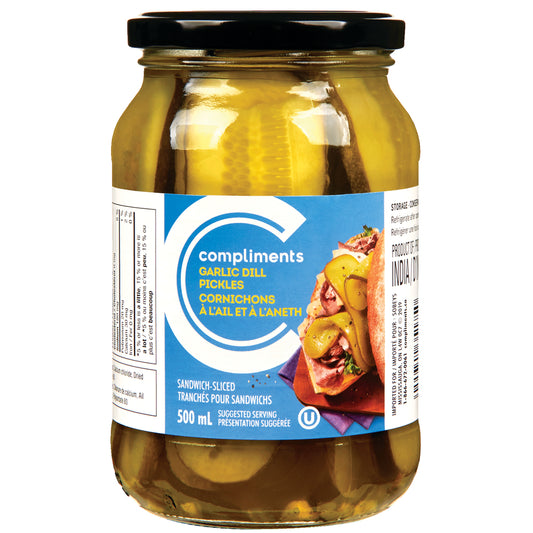 COMPLIMENTS GARLIC SLICED PICKLES, 12 X 500 ML