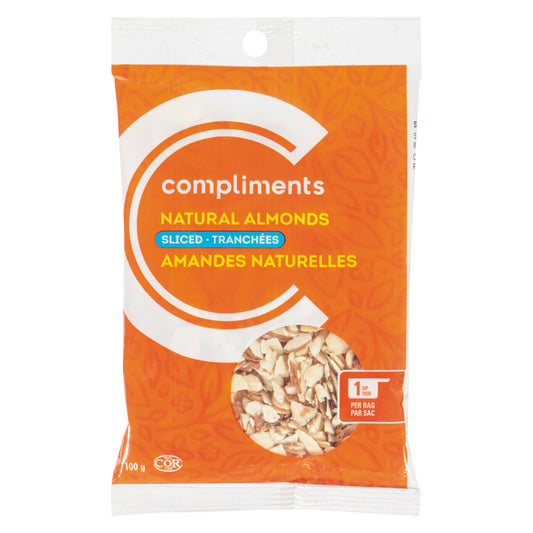 COMPLIMENTS NATURAL SLICED ALMONDS, 12 X 100 G