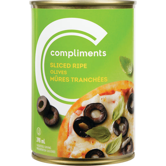 COMPLIMENTS SLICED BLACK OLIVES, 12 X 398 ML