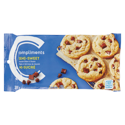 COMPLIMENTS SEMI-SWEET CHOCOLATE CHIPS & CHUNKS, 12 X 300 G