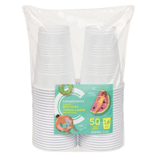 COMPLIMENTS WHITE PLASTIC BEER GLASSES, 12 X 50 UN