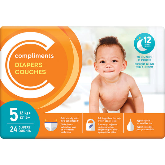 COMPLIMENTS SIZE 5 JUMBO BABY DIAPERS, 4 X 24 UN
