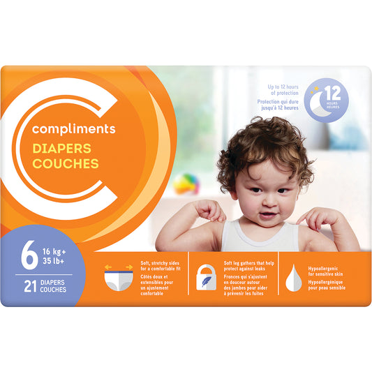 COMPLIMENTS SIZE 6 JUMBO BABY DIAPERS, 4 X 21 UN