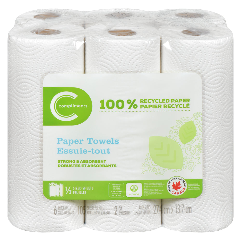 COMPLIMENTS HALF-FOLD PAPER TOWELS 105 SHEETS, 4 X 6 X 1 UN