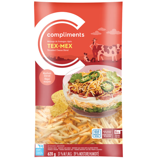 COMPLIMENTS SHREDDED TEX-MEX CHEESE, 6 X 620 G