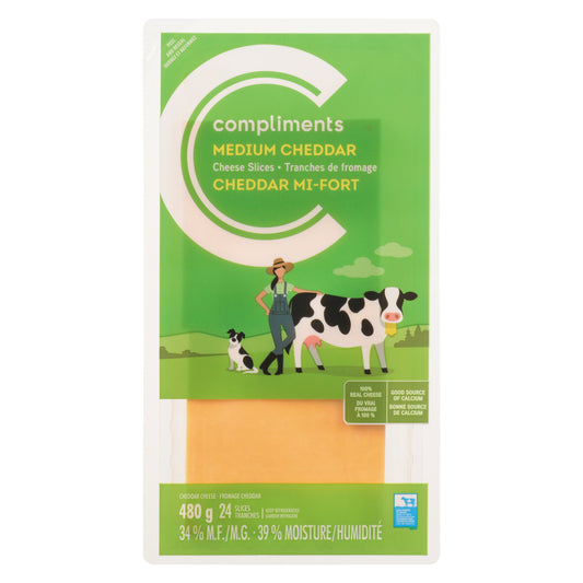 COMPLIMENTS SLICED MEDIUM CHEDDAR CHEESE, 8 X 480 G