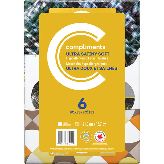 COMPLIMENTS ULTRA SOFT FACIAL TISSUES 3-PLY 88 SHEETS, 6 X 6 UN
