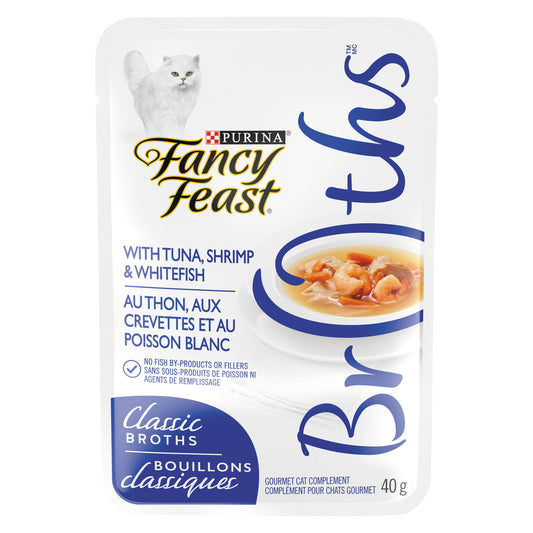 PURINA TUNA SHRIMP WHITEFISH FANCY FEAST BROTHS, 16 X 40 G