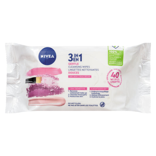 NIVEA 3-IN-1 BIODEGRADABLE WIPES FOR DRY SKIN, 4 X 40 UN
