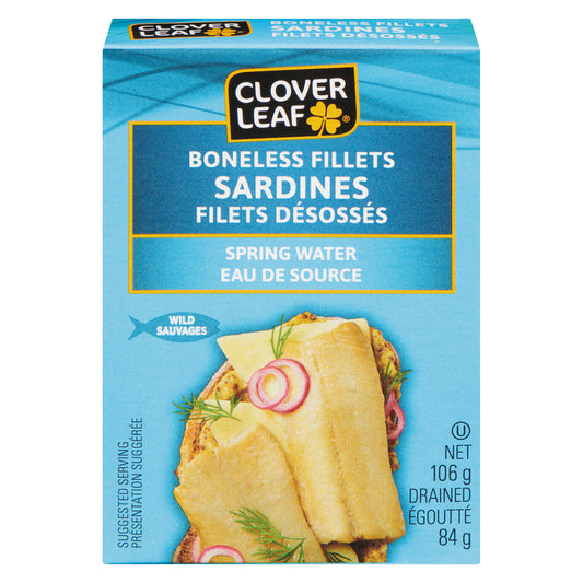 CLOVERLEAF SARDINE FILLET SPRING WATER, 18 X 106 G