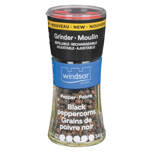 WINDSOR BLACK PEPPERCORNS GRINDER, 6 X 34 G