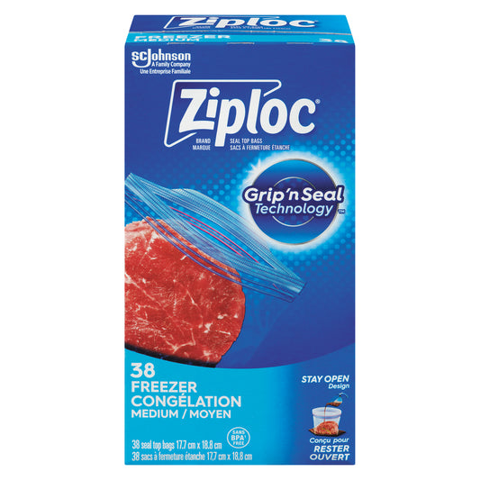 ZIPLOC MEDIUM PLASTIC FREEZER BAG, 9 X 38 UN