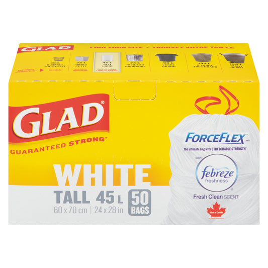 GLAD FORCEFLEX WITH FEBREZE LARGE BLACK TRASH BAGS, 6 X 50 UN