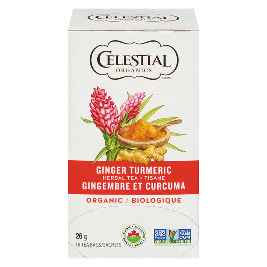 CELESTIAL ORGANIC GINGER TURMERIC HERBAL TEA, 6 X 18 UN