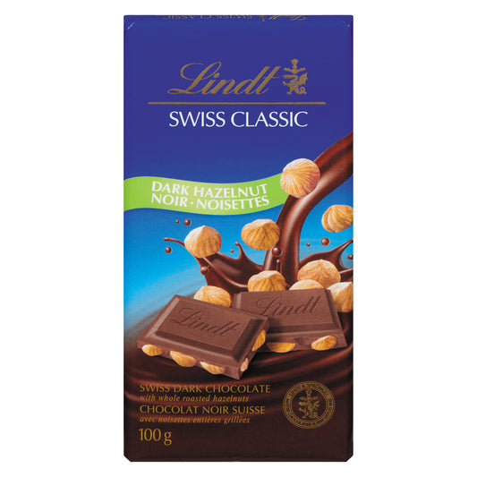 LINDT SWISS CLASSIC HAZELNUT DARK CHOCOLATE, 12 X 100 G