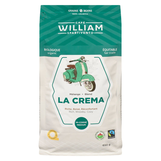 CAFE WILLIAM LA CREMA ORGANIC WHOLE BEAN COFFEE, 6 X 650 G