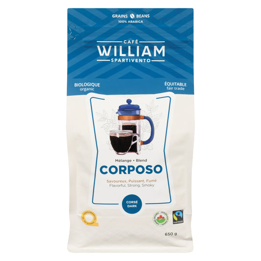 CAFE WILLIAM CORPOSO ORGANIC WHOLE BEAN COFFEE, 6 X 650 G