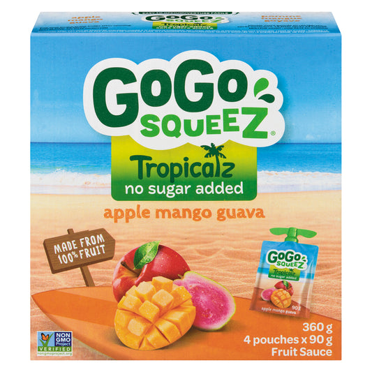 GOGOSQUEEZ TROPICAL APPLE MANGO GUAVA COMPOTE, 12 X 360 G
