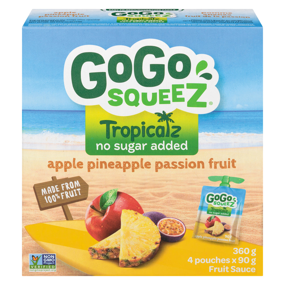 GOGOSQUEEZ TROPICAL APPLE PINEAPPLE FRUIT PASSIONFRUIT COMPOTE, 12 X 360 G