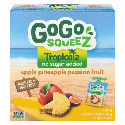 GOGOSQUEEZ TROPICAL APPLE PINEAPPLE FRUIT PASSIONFRUIT COMPOTE, 12 X 360 G