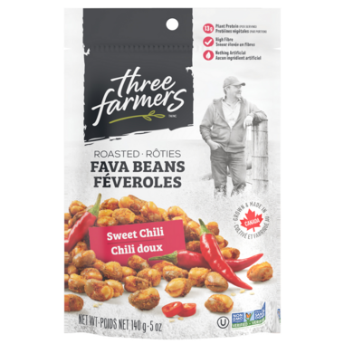 THREE FARMERS, ROASTED FAVA BEANS SWEET CHILI 140G, 12 x 140G