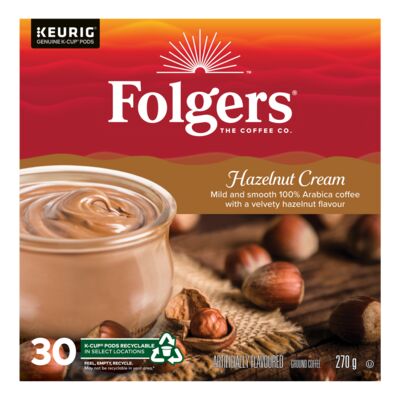 FOLGERS HAZELNUT CREAM COFFEE 30 K-CUPS, 4 X 270 G