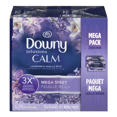 DOWNY CALM FABRIC SOFTENER SHEETS INF LAVENDER VANILLA, 3 X 120 UN